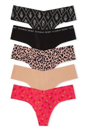 Victoria's Secret 5 Pack No Show Tanga Knickers Black/Nude/Red Print | 605-XFGBNQ