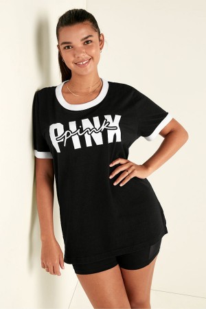 Victoria's Secret Baumwoll Kurzes Sleeve Campus Ringer T-Shirt Schwarz | 471-KAZYTG