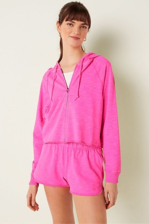 Victoria's Secret Baumwoll Slub Crop Cut Off Full Zip Hoodie Rosa | 765-WNABIX