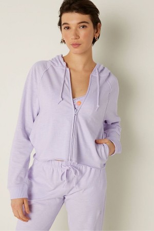 Victoria's Secret Baumwoll Slub Crop Cut Off Full Zip Hoodie Rosa | 102-SKGTHO