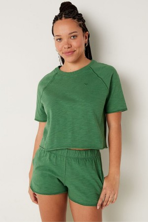 Victoria's Secret Baumwoll Slub Kurzes Sleeve Crew Crop T-Shirt Blau | 670-RYKHIE