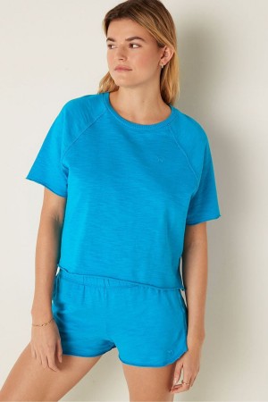 Victoria's Secret Baumwoll Slub Kurzes Sleeve Crew Crop T-Shirt Blau | 632-FXPNWA