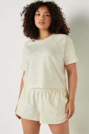 Victoria's Secret Baumwoll Slub Kurzes Sleeve Crew Crop T-Shirt Blau | 429-UIBXVJ