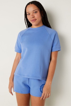 Victoria's Secret Kurzes Sleeve Oversized Crew Neck T-Shirt Blau | 276-KZSGRO