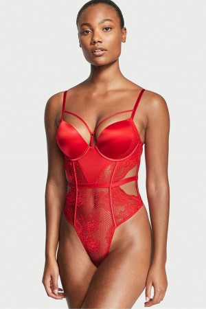 Victoria's Secret Luxe Lingerie Fishnet Bombshell Bodysuit Rot | 694-MOUZGD