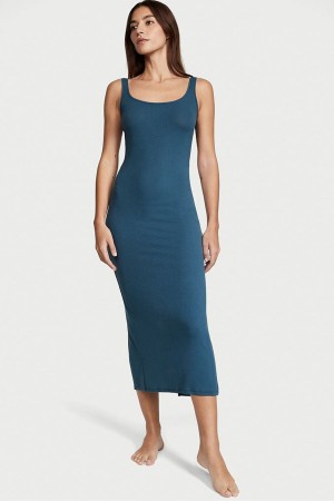 Victoria's Secret Modal Gerippt Long Slip Kleider Blau | 085-UCRXVS