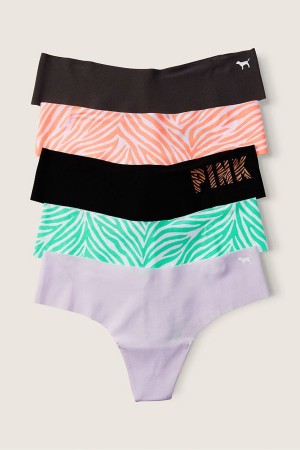 Victoria's Secret No-Show No Show Tanga Knickers 5 Pack Black/Orange/Purple/Green Zebra Print | 089-BFUNKE