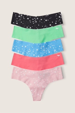 Victoria's Secret No-Show No Show Tanga Knickers 5 Pack Black/Blue/Pink/Green Star | 302-RKUJOG