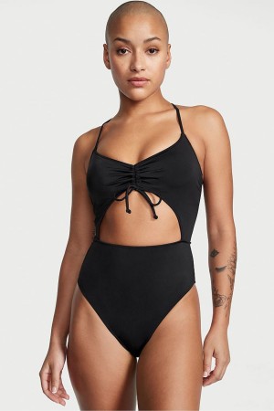 Victoria's Secret Ruched Shine Cut Out One Piece Swimsuit Schwarz | 726-HNEXOS