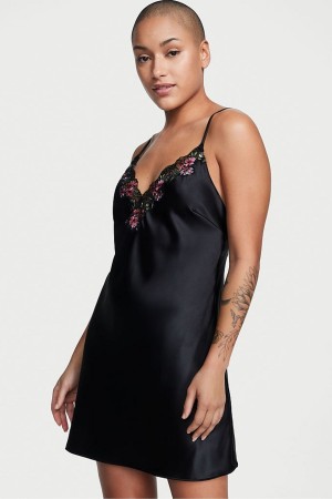 Victoria's Secret Satin Embroidered Slip Kleider Schwarz | 317-AOMEBS