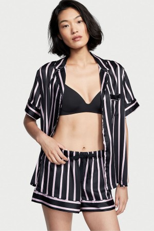 Victoria's Secret Satin Kurzes Pyjamas Schwarz Streifen | 258-HQETMY