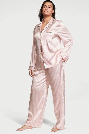 Victoria's Secret Satin Long Pyjama Set Streifen Rosa | 532-RVTEGA