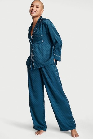 Victoria's Secret Satin Long Pyjamas Blau | 593-TSGYJU