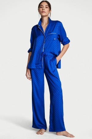 Victoria's Secret Satin Long Pyjamas Blau | 315-KOCNUW