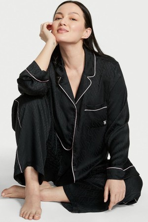 Victoria's Secret Satin Long Pyjamas Schwarz | 421-DSWTYJ