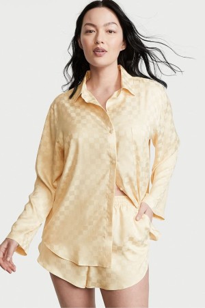 Victoria's Secret Satin Long Sleeve Kurzes Pyjamas Gelb | 974-THRKYE