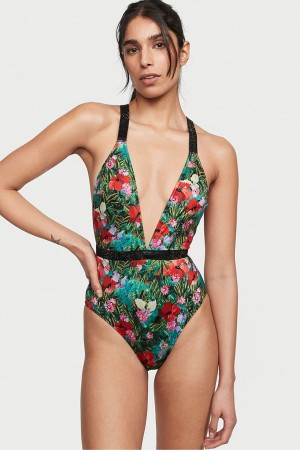 Victoria's Secret Shine Riemen Plunge One Piece Swimsuit Schwarz | 725-PTBXQR