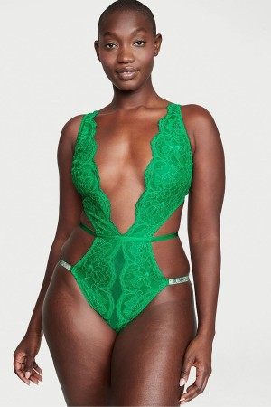 Victoria's Secret Shine Riemen Plunge Spitze Bodysuit Weiß | 247-PAFWIB