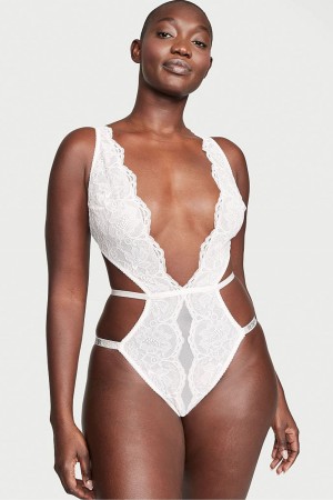 Victoria's Secret Shine Riemen Plunge Spitze Bodysuit Weiß | 524-ZVCKRU