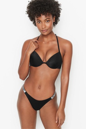 Victoria's Secret Shine Riemen Swim Bikini Bottom Schwarz | 509-OHEZUJ