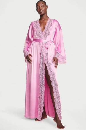 Victoria's Secret Spitze Trim Satin Long Robe Rosa | 350-LENBCR
