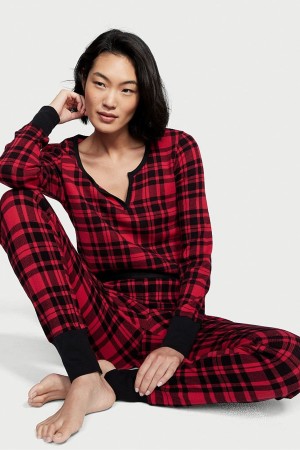 Victoria's Secret Thermal Long Sleeve Pyjamas Schwarz Rot | 537-HLMATO